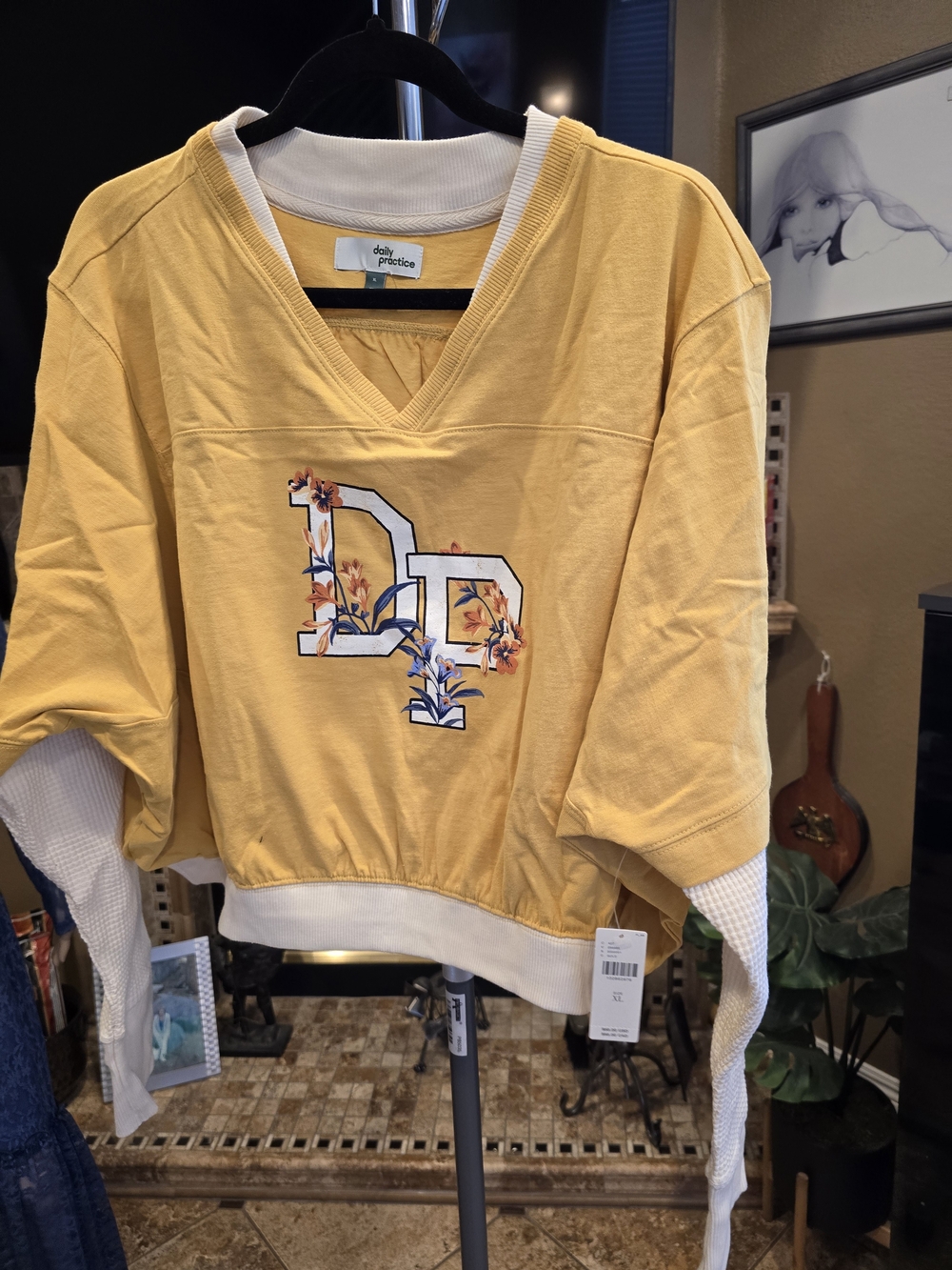 Daily Practice Women's Yellow Floral 'DP' V-Neck Pullover Sweatshirt